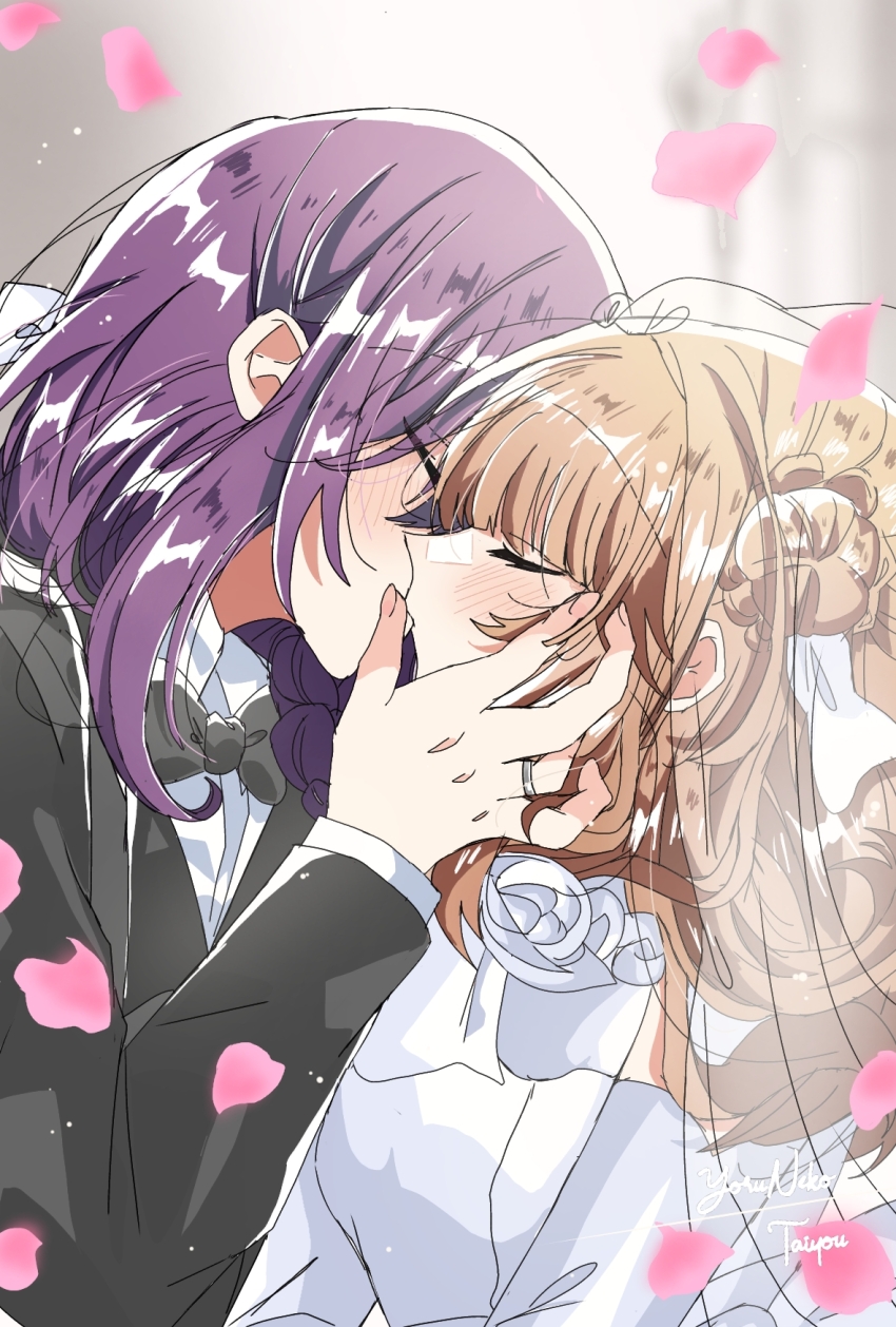 2girls, amasawa_hajime, black_bow, black_bowtie, black_dress, black_vs_white, blush, bow, bowtie, bridal_veil, commentary, dress, english_commentary, falling_petals, female_focus, hair_bun, hand_on_another's_face, highres, jewelry, kiss, long_hair, long_sleeves, multiple_girls, orange_hair, petals, purple_hair, ring, sasayaku_you_ni_koi_wo_utau, satomiya_momoka, see-through_clothes, shirt, signature, single_side_bun, upper_body, veil, wedding_dress, wedding_ring, white_dress, white_shirt, wife_and_wife, yoruneko_(liampadolina), yuri