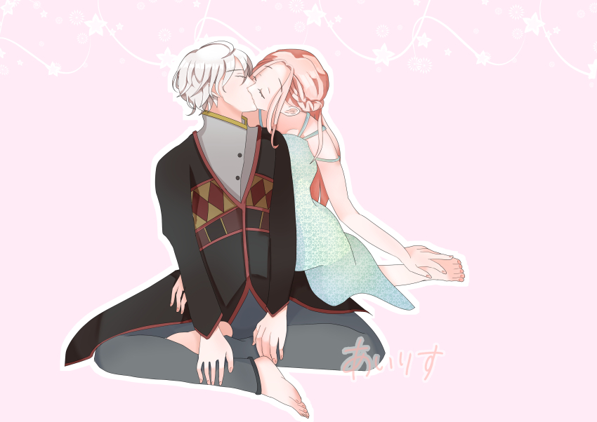 1boy, 1girl, absurdres, barefoot, black_jacket, blue_dress, closed_eyes, collared_shirt