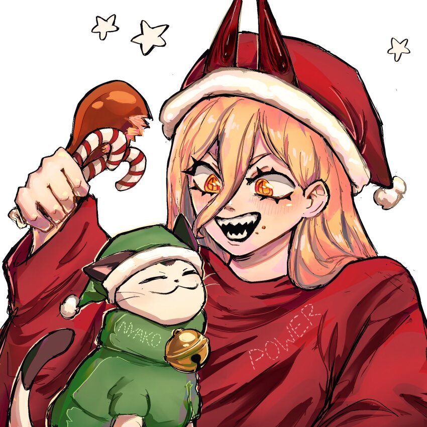 1girl, :3, animal, bell, blonde_hair, candy, candy_cane, cat