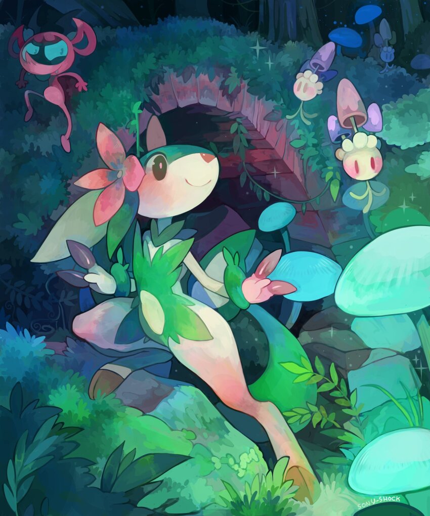 fakemon, faunazon, forest, gen_7_pokemon, gen_8_pokemon, grass, highres, impidimp, leaf, morelull, mushroom, nature, nintendo, original, outdoors, plant, pokemon, pokemon_(creature), sony-shock