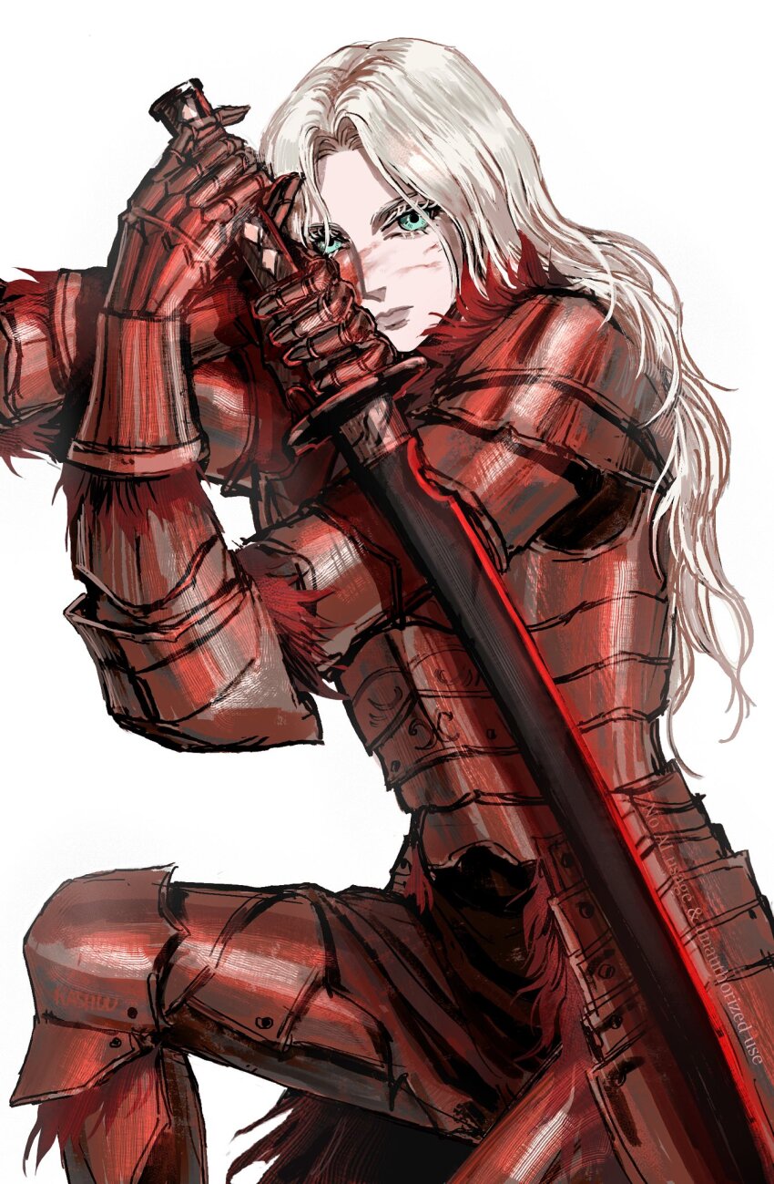 1girl, armor, blood, blood_on_face, breastplate, closed_mouth, commentary, elden_ring