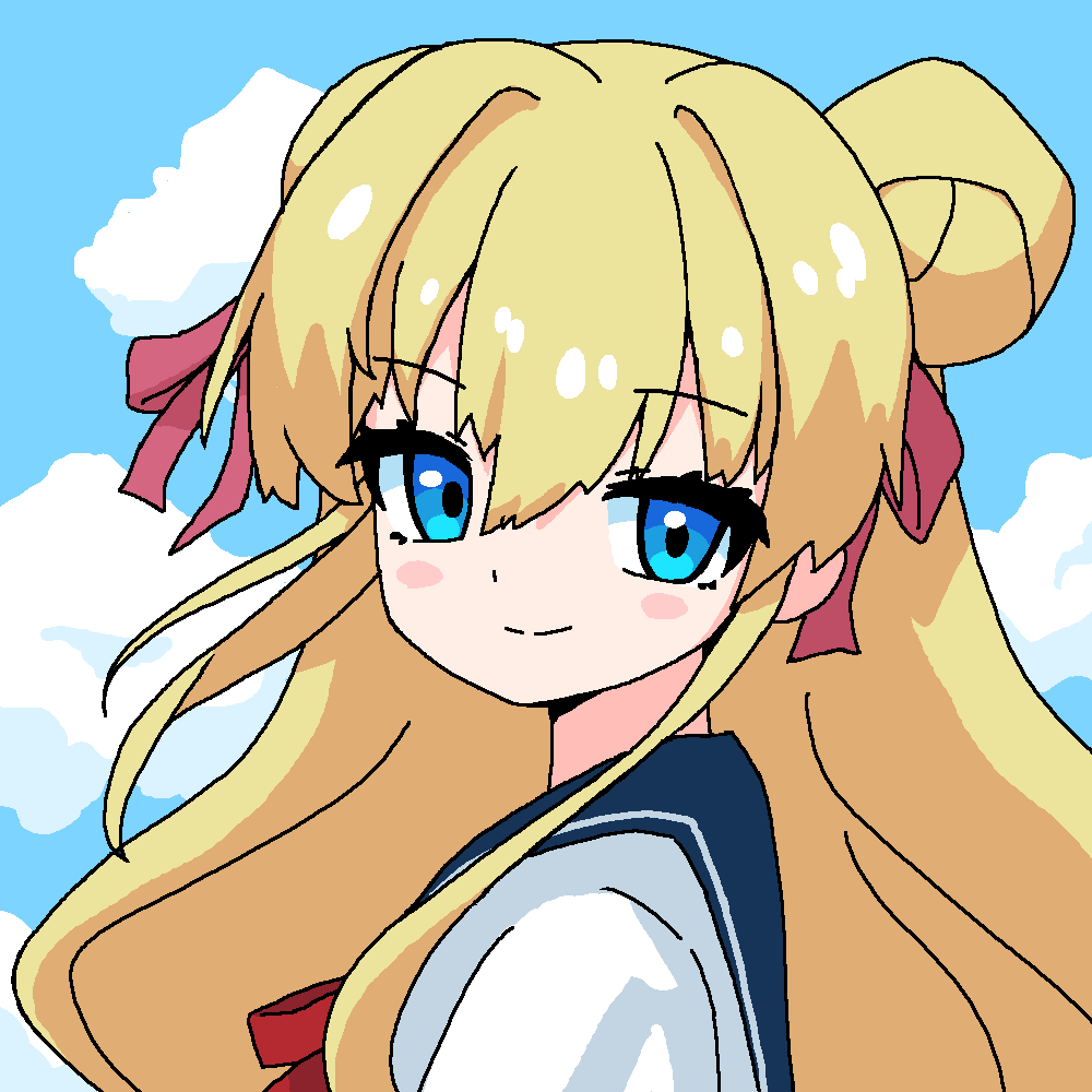 1girl, blonde_hair, blue_eyes, blue_sailor_collar, blush_stickers, claudina_skylark_(mousugu_natsuyasumi!_2), cloud, double_bun