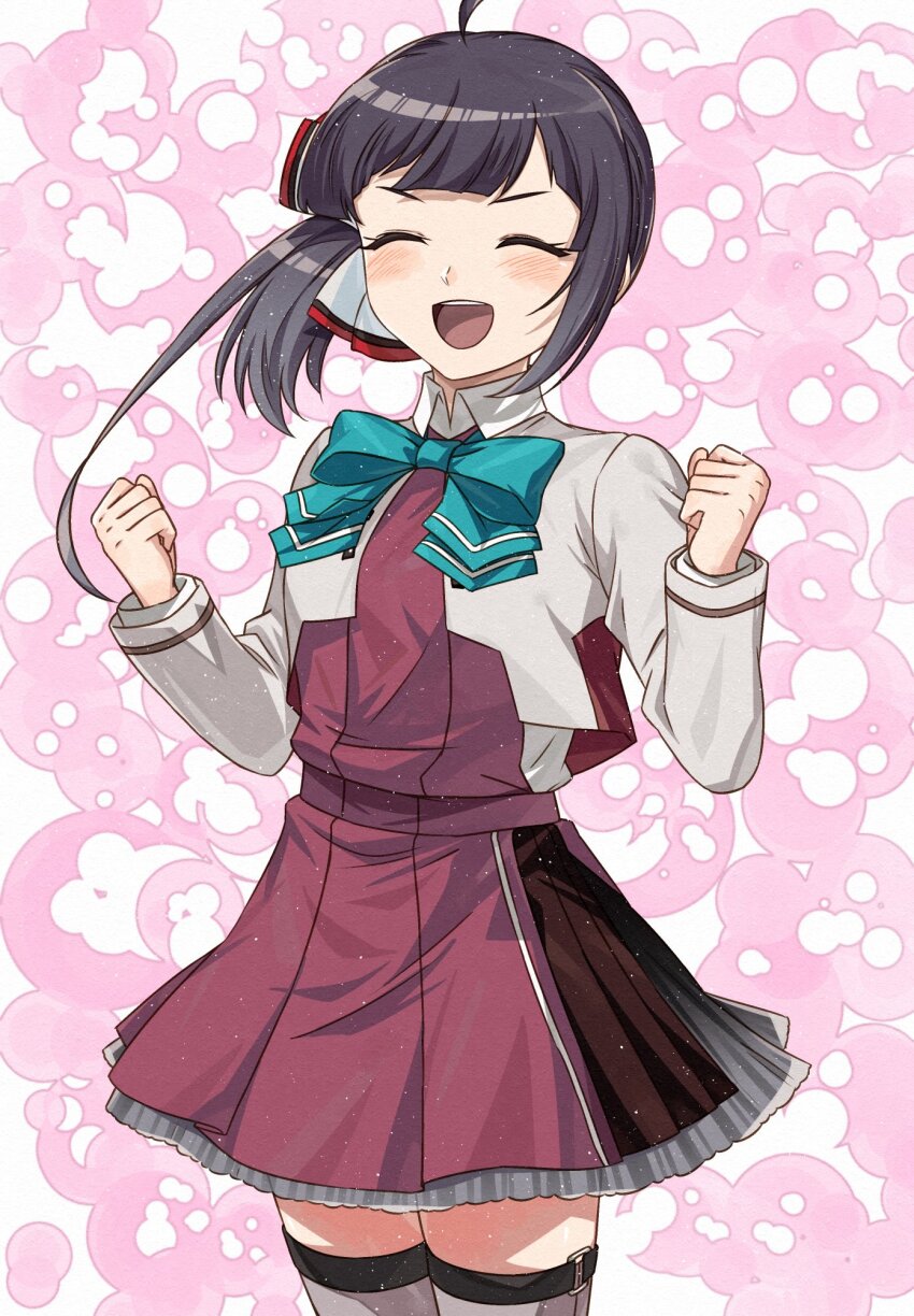 1girl, blue_bow, blue_bowtie, blush, bow, bowtie, clenched_hands, closed_eyes, commentary_request, commission, fujinami_(kancolle), fujinami_kai_ni_(kancolle), gradient_hair, grey_jacket, grey_thighhighs, hair_ribbon, highres, jacket, kanmiya_shinobu, kantai_collection, long_sleeves, multicolored_hair, open_mouth, purple_hair, ribbon, school_uniform, simple_background, skeb_commission, solo, thighhighs