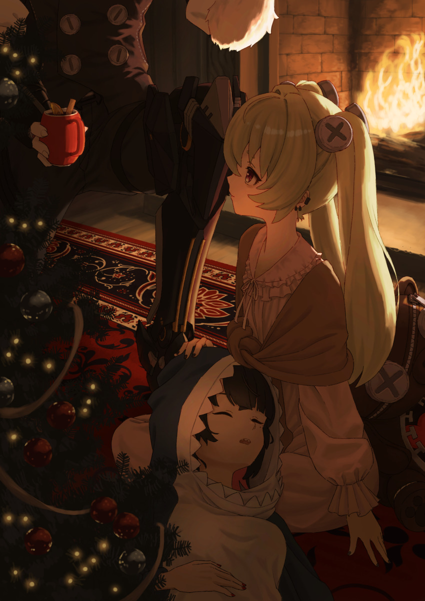 1boy, 2girls, absurdres, animal_hood, bags_under_eyes, black_hair, black_nails, christmas