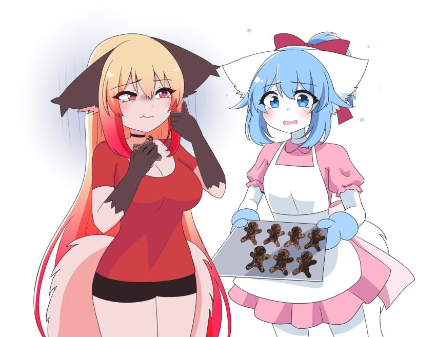 2girls, animal_ear_fluff, animal_ears, apron, back_bow, black_choker, black_shorts, blue_eyes