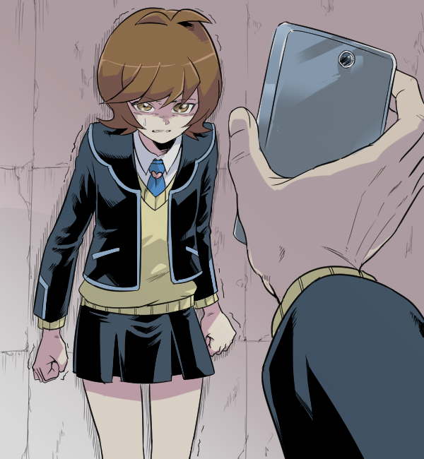1boy, 1girl, against_wall, angry, black_jacket, black_skirt, blackmail, blue_necktie