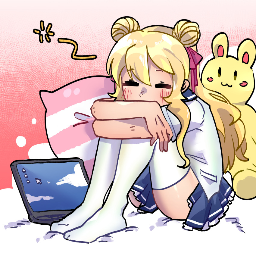 1girl, bed, blonde_hair, blue_sailor_collar, blue_skirt, claudina_skylark_(mousugu_natsuyasumi!_2), closed_eyes, double_bun