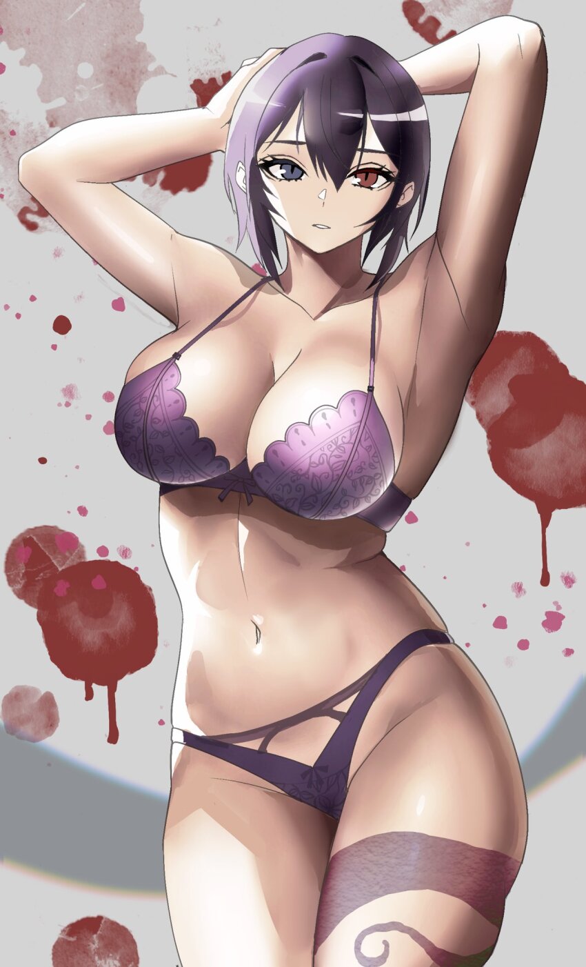 1girl, armpits, arms_behind_head, blue_eyes, bra, breasts, cleavage, heterochromia