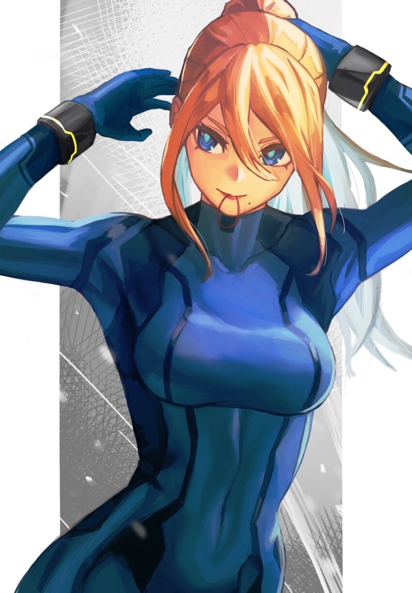 1girl, armlet, blonde_hair, blue_bodysuit, blue_eyes, blue_pupils, bodysuit, breasts