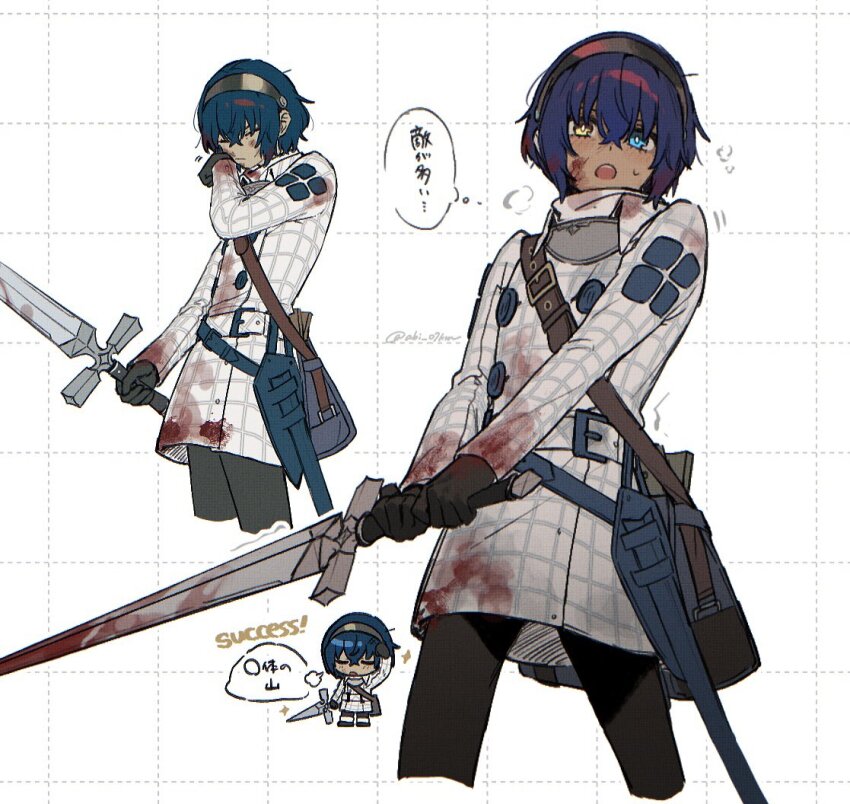 abi_07km, bag, black_gloves, blood, blood_on_clothes, blood_on_face, blue_eyes, blue_hair