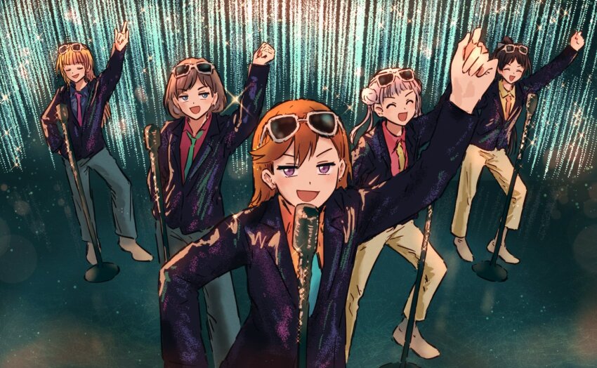 5girls, :d, ^_^, arashi_(music), arashi_chisato, arm_up, black_hair, black_jacket, blazer, blonde_hair, blue_necktie, blue_pants, brown_hair, closed_eyes, commentary_request, double_bun, eyewear_on_head, green_necktie, grey_hair, hair_bun, hazuki_ren, heanna_sumire, high_ponytail, jacket, jitome, liella!_first_generation, long_hair, long_sleeves, looking_at_viewer, love_live!, love_live!_superstar!!, multiple_girls, necktie, no_shoes, open_mouth, orange_hair, orange_shirt, pants, parody, pink_necktie, pink_shirt, ponytail, purple_eyes, shibuya_kanon, shirt, short_hair, sideways_glance, smile, sunglasses, swept_bangs, tang_keke, twintails, v-shaped_eyebrows, yellow_necktie, yellow_pants, yellow_shirt, yukitake_(bullfalk)