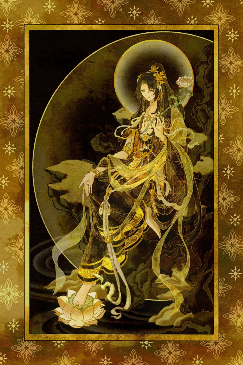 1boy, armlet, barefoot, black_background, black_hair, black_robe, bracelet, closed_mouth