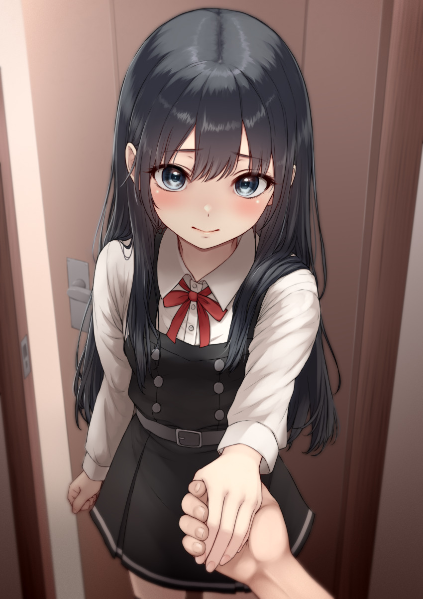 1girl, 1other, absurdres, asashio_(kancolle), asashio_kai_ni_(kancolle), belt, black_dress, black_hair