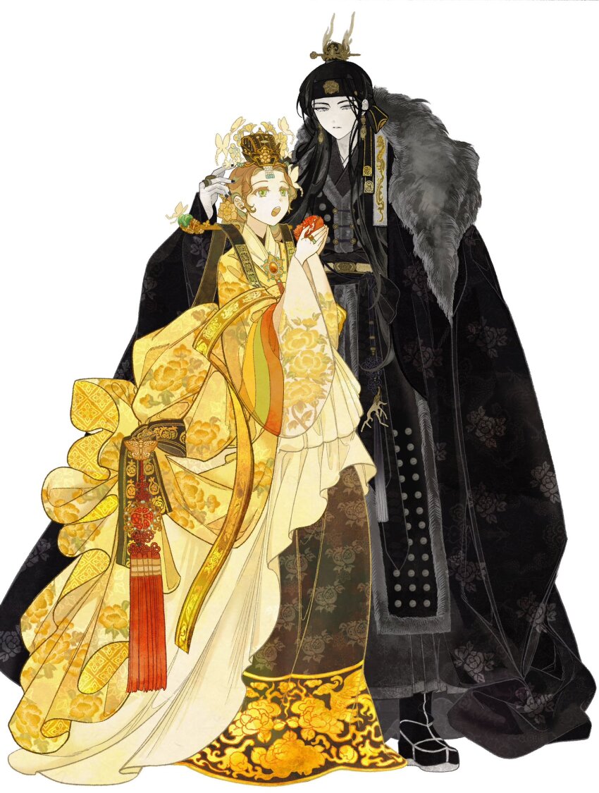 1boy, 1girl, black_footwear, black_hair, black_headband, black_robe, brown_hair, bug