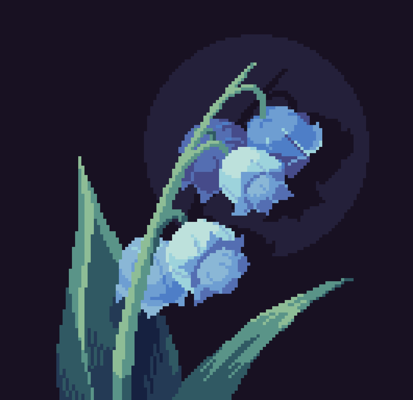 black_background, blue_flower, commentary, english_commentary, flower, highres, leaf, lily_of_the_valley