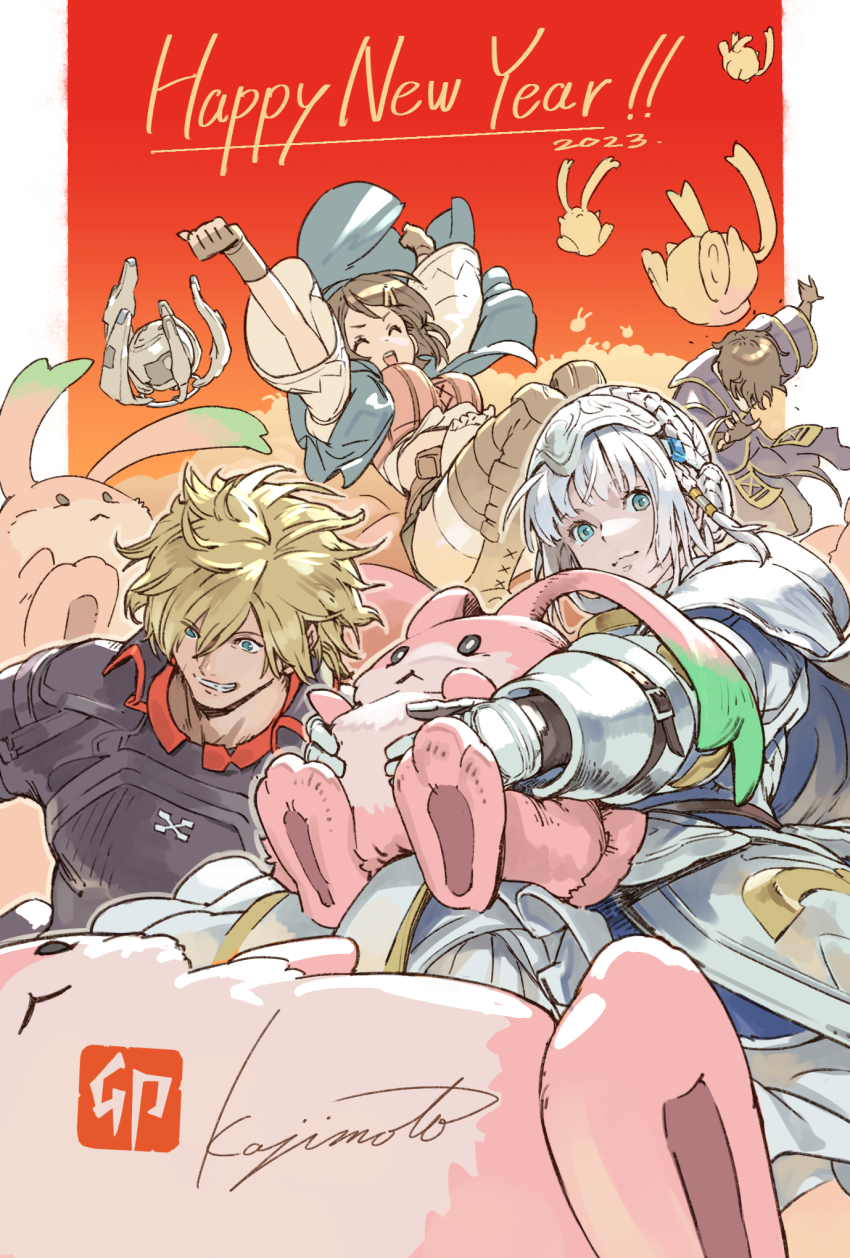 2023, 2boys, 2girls, albaird_bergholm, armor, blonde_hair, breasts, brown_hair