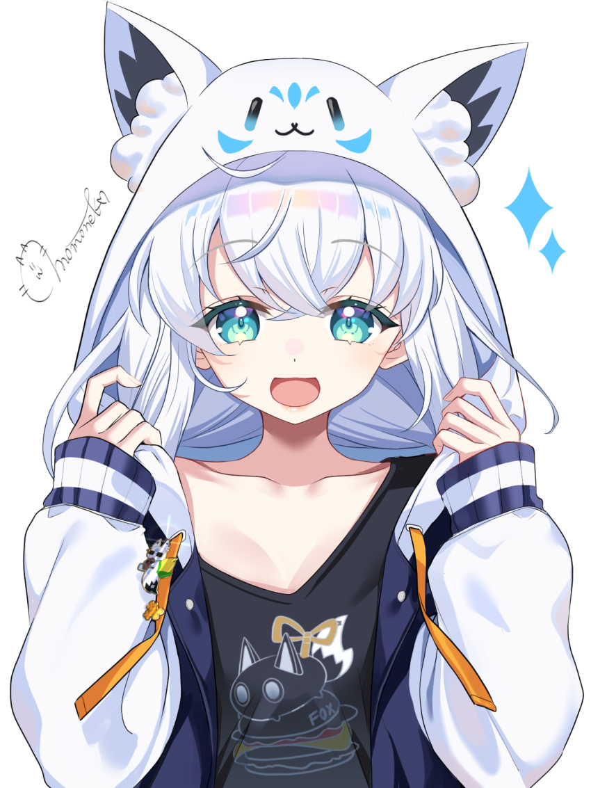 1girl, animal_ear_fluff, animal_ears, animal_hood, aqua_eyes, black_shirt, character_print, commentary_request