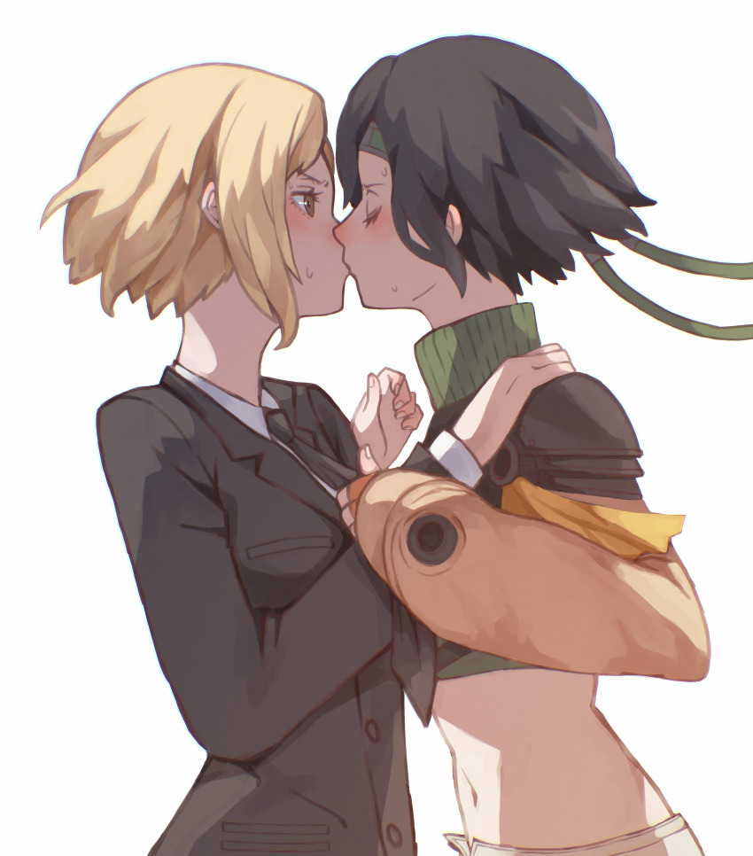 2girls, absurdres, annoyed, armor, black_hair, black_necktie, black_suit, blonde_hair, blush, breasts, closed_eyes, clothes_grab, crop_top, cropped_sweater, elena_(ff7), final_fantasy, final_fantasy_vii, final_fantasy_vii_remake, forehead_protector, formal_clothes, gloves, grabbing_another's_shoulder, headband, highres, jacket, kiss, midriff, multiple_girls, navel, necktie, necktie_grab, neckwear_grab, open_fly, orange_gloves, pauldrons, short_hair, shoulder_armor, single_arm_guard, single_pauldron, single_shoulder_pad, sleeveless, sleeveless_turtleneck, small_breasts, suit, suit_jacket, sweat, sweater, tbjj1208, turtleneck, yellow_eyes, yuffie_kisaragi, yuri