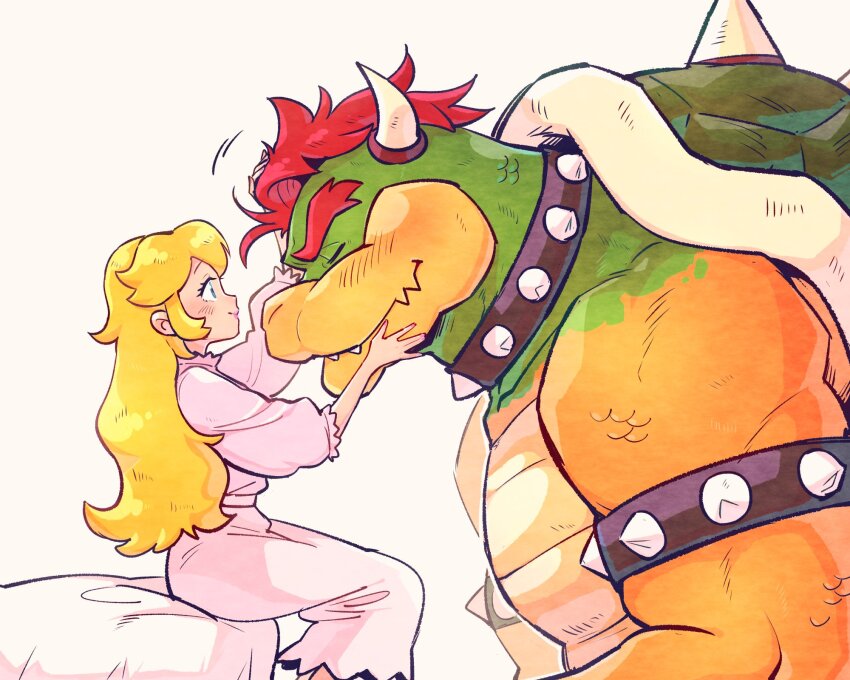 1boy, 1girl, bed, blonde_hair, blush, bowser, closed_eyes, collar, fangs, hands_on_another's_face, highres, horns, long_hair, looking_at_another, mario_(series), muscular, muscular_male, nightgown, nintendo, petting, pink_nightgown, princess_peach, red_hair, reptile_boy, shell, size_difference, smile, spiked_collar, spiked_shell, spikes, white_background, yowasabimechaoc
