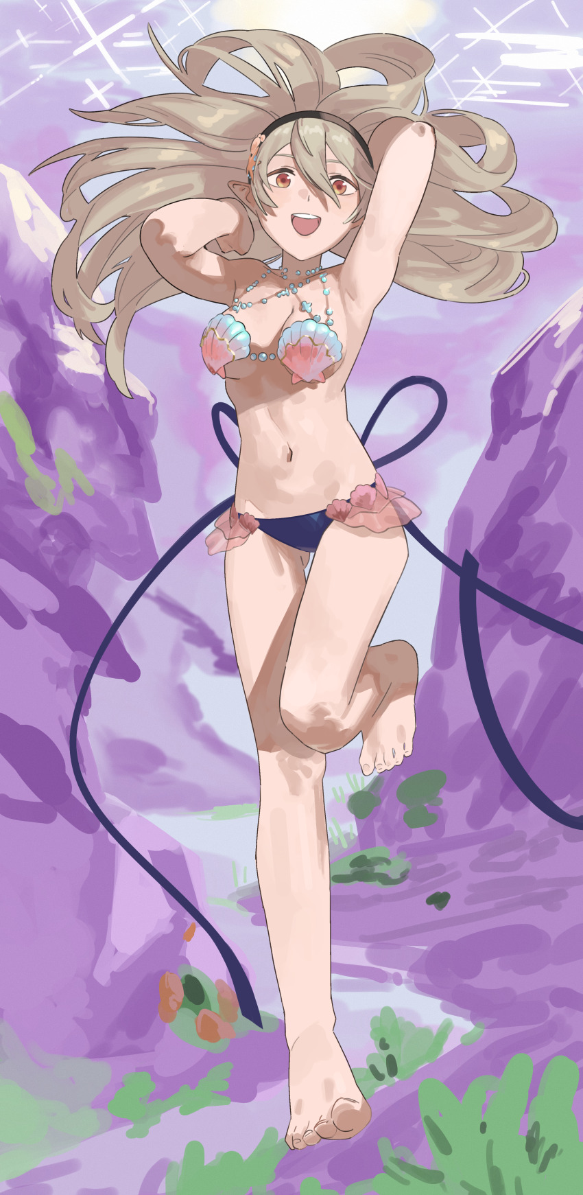 1girl, :d, absurdres, armpits, arms_behind_head, barefoot, bikini, black_hairband