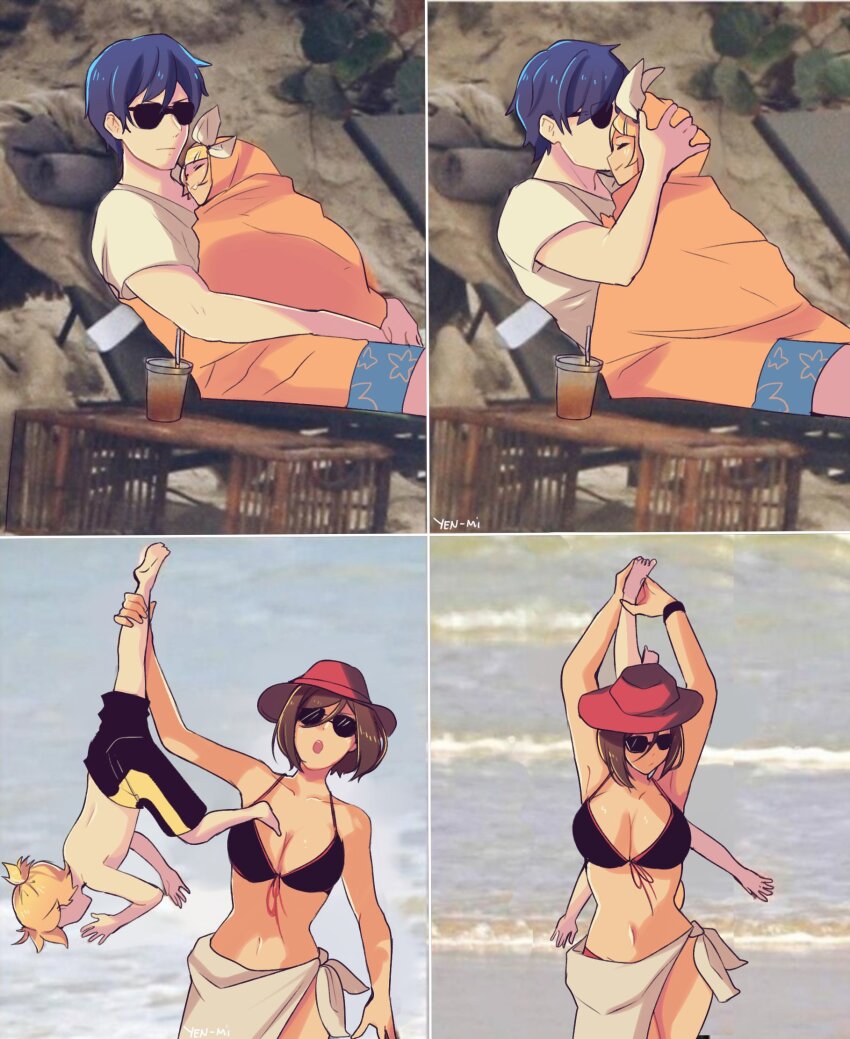 2boys, 2girls, ankle_grab, beach, beach_chair, bikini, black_bikini, black_shorts