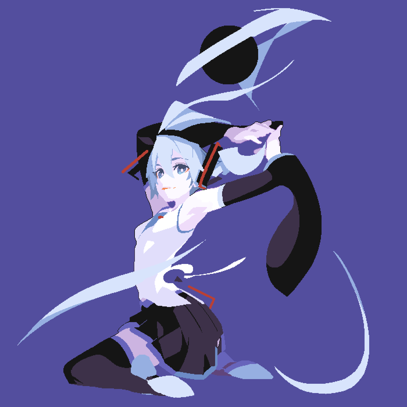 1girl, arms_up, bare_shoulders, black_circle, black_skirt, black_thighhighs, blue_eyes, blue_hair