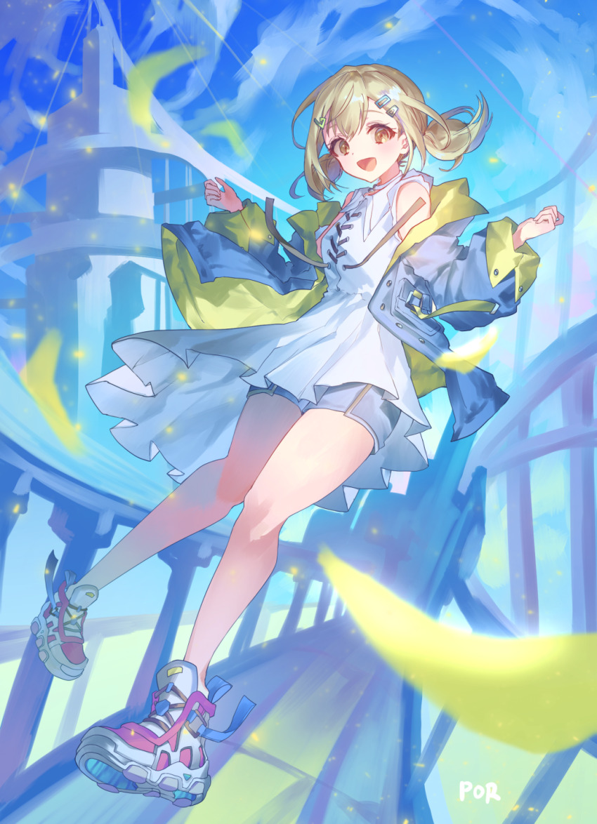 1girl, azusawa_kohane, blonde_hair, blue_shorts, blue_theme, brown_eyes, collared_dress, commentary, dress, english_commentary, flyer_(vocaloid), full_body, hair_ornament, hairclip, highres, jacket, knees_together_feet_apart, legend_still_vivid_(project_sekai), medium_hair, official_alternate_costume, open_clothes, open_jacket, por_(_por_tt), project_sekai, shoes, short_twintails, shorts, sleeveless, sleeveless_dress, smile, sneakers, solo, twintails, two-sided_fabric, two-sided_jacket, white_dress