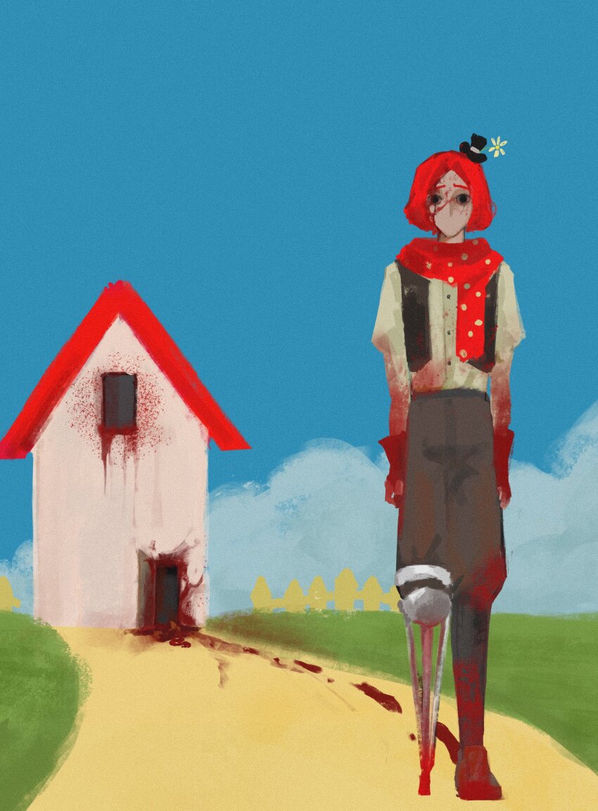 1boy, absurdres, black_eyes, black_hat, black_vest, blood, blood_on_clothes, blood_on_face