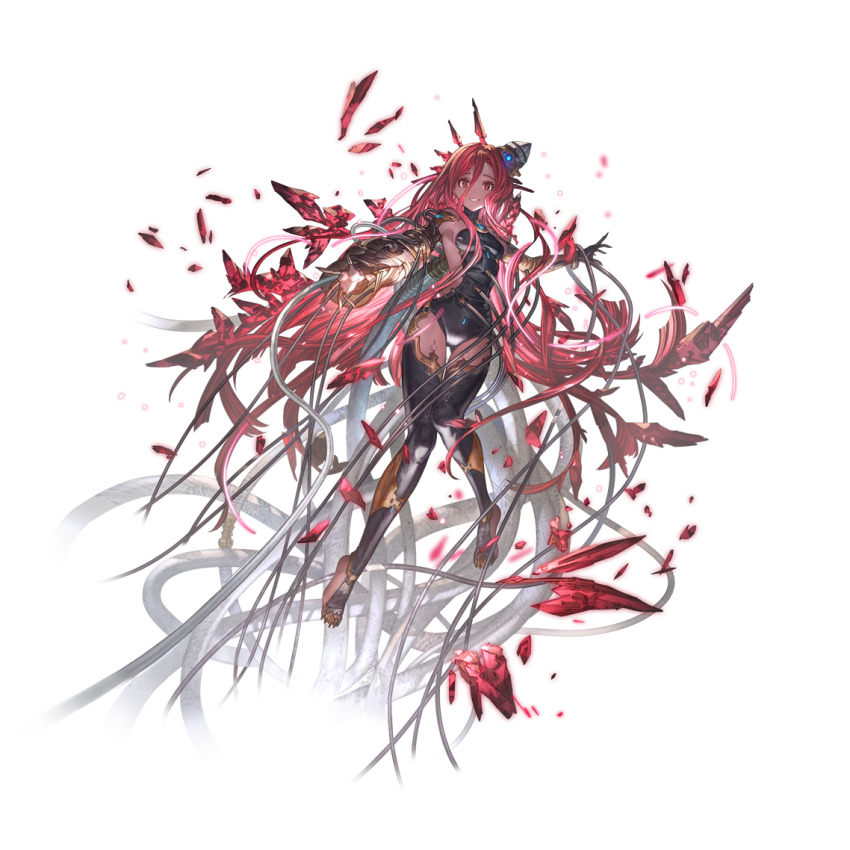 1girl, bare_shoulders, dark_skin, foreshortening, gauntlets, granblue_fantasy, grin, long_hair