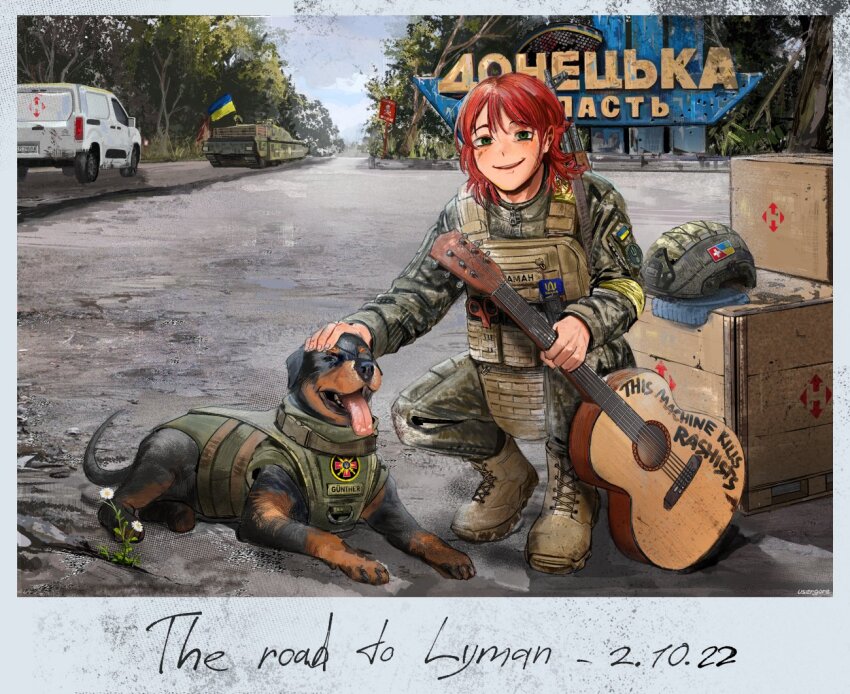 1boy, acoustic_guitar, akm, androgynous, assault_rifle, boots, box, bullet_hole, combat_boots, dog, donetsk_oblast, flag, flag_on_vehicle, flower, green_eyes, guitar, gun, gunther_(mariverse), handgun, helmet, holding, holding_guitar, holding_instrument, idi_nahui, instrument, kalashnikov_rifle, kenneth_del_duca, long_hair, military_combat_uniform, military_uniform, original, otaman_(mariverse), picture_frame, polaroid_photo, red_hair, rifle, road, rottweiler, russo-ukrainian_war, smile, soldier, squatting, street, tactical_clothes, trap, ukraine, ukrainian_flag, ukrainian_ground_forces, ukrainian_text, usergore, war, weapon