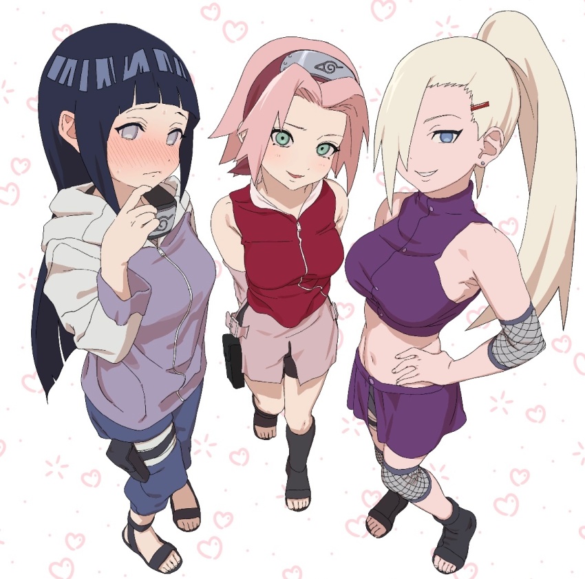 3girls, 5_nan_(5nan_5nan), black_hair, blonde_hair, blue_eyes, blush, breasts, commentary_request, crop_top, fishnets, forehead_protector, frown, green_eyes, hair_over_one_eye, hairband, hand_on_own_hip, haruno_sakura, heart, heart_background, hime_cut, hyuuga_hinata, konohagakure_symbol, large_breasts, long_hair, medium_breasts, medium_hair, midriff, miniskirt, multiple_girls, naruto_(series), naruto_shippuuden, navel, open-toe_shoes, open_mouth, pink_hair, ponytail, pouch, purple_eyes, sandals, short_shorts, shorts, skirt, smile, yamanaka_ino