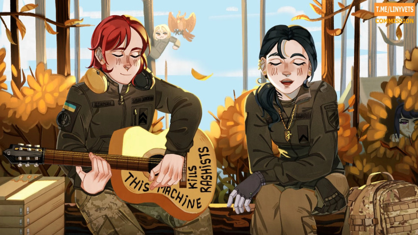 1boy, 1girl, acoustic_guitar, autumn, azov_battalion, backpack, bag, bird