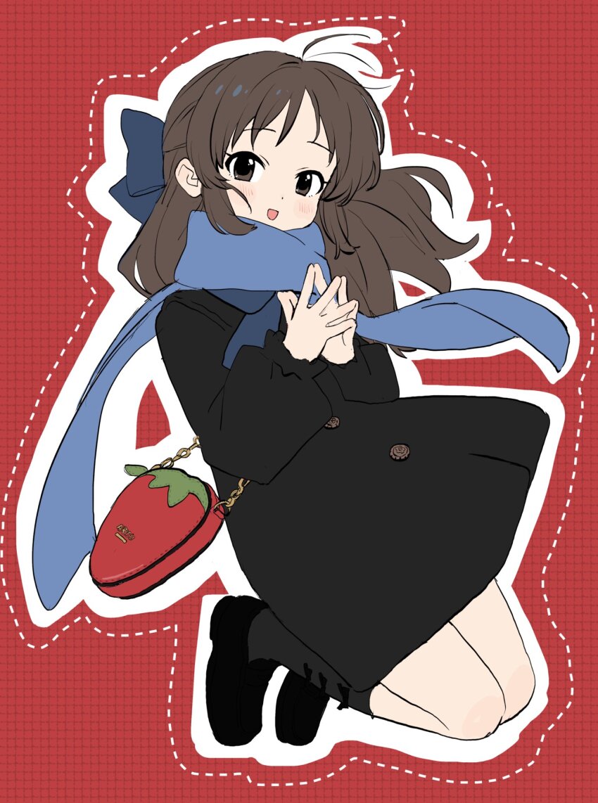 1girl, bag, black_boots, blue_bow, blush, boots, bow, brown_eyes