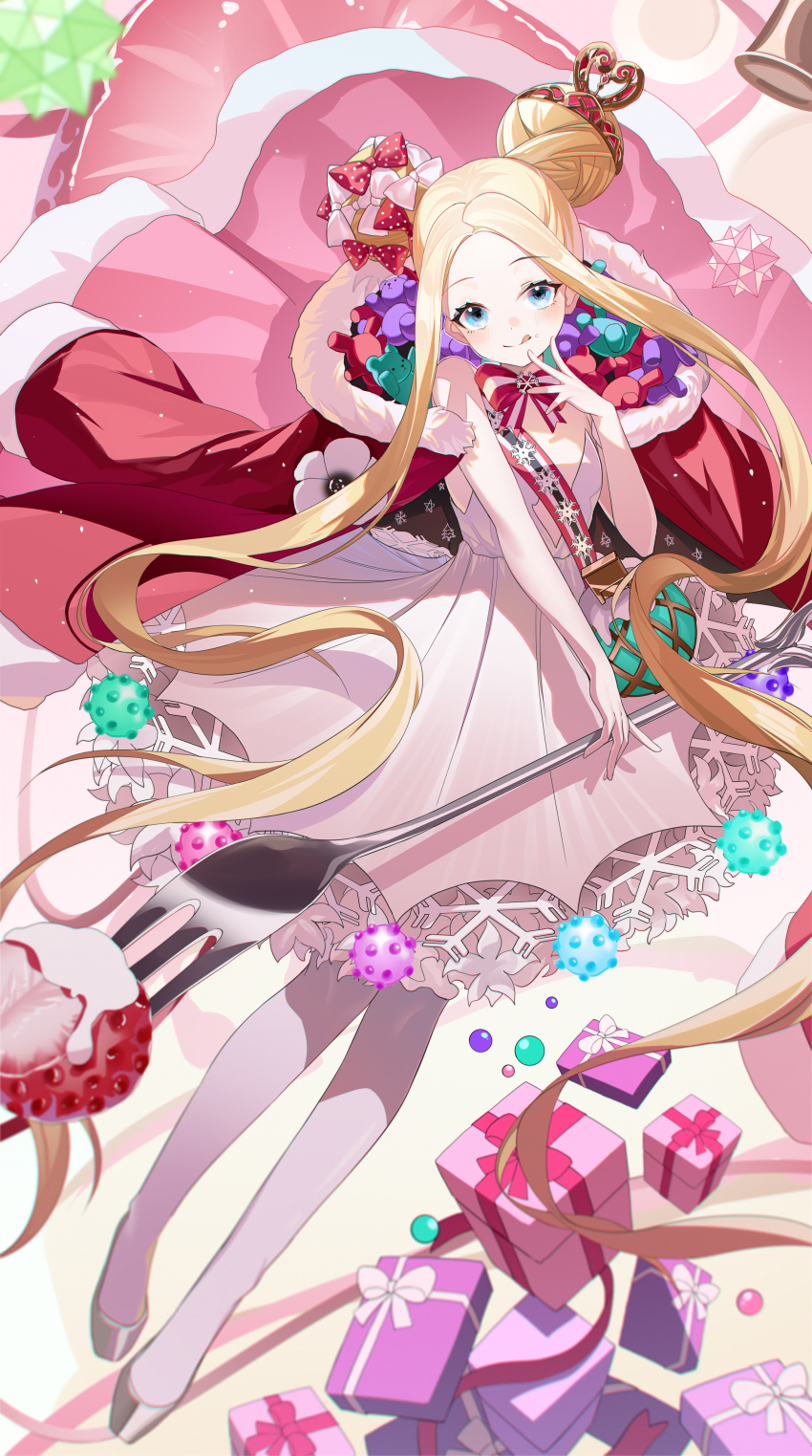 1girl, :q, abigail_williams_(fate), abigail_williams_(santa)_(fate), absurdres, aqua_eyes, blonde_hair, bow