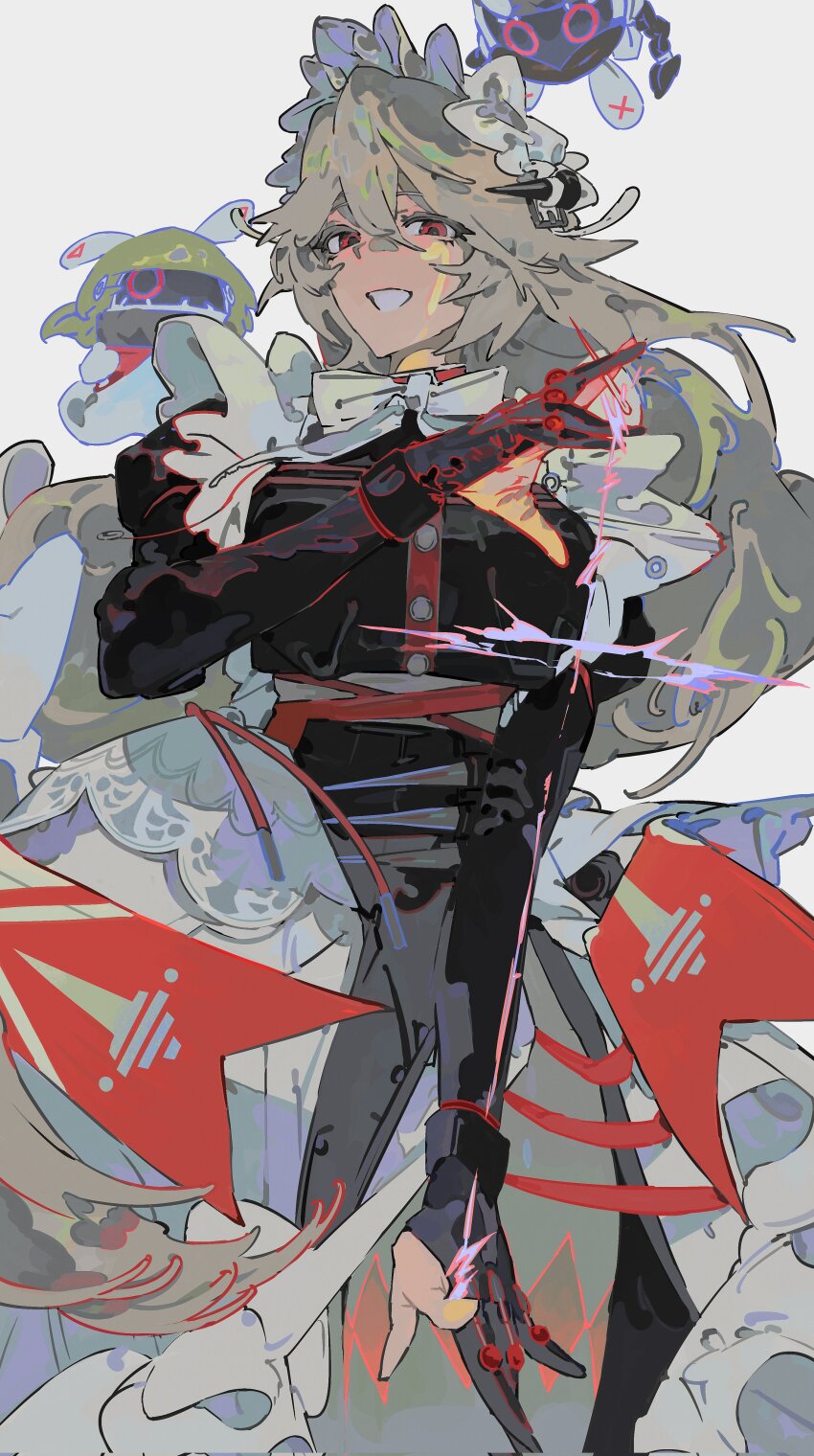 1girl, absurdres, alexandrina_sebastiane, an1th1ngnb, anastella_(zenless_zone_zero), bangboo_(zenless_zone_zero), black_gloves, brown_hair, cowboy_shot, drusilla_(zenless_zone_zero), gloves, grey_background, hair_between_eyes, hashtag-only_commentary, highres, long_hair, long_sleeves, looking_at_viewer, maid, maid_headdress, open_mouth, partially_fingerless_gloves, red_eyes, sidelocks, simple_background, smile, solo, zenless_zone_zero