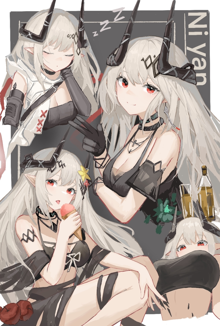 1girl, apple, arknights, arm_under_breasts, armband, armlet, bare_shoulders, bikini