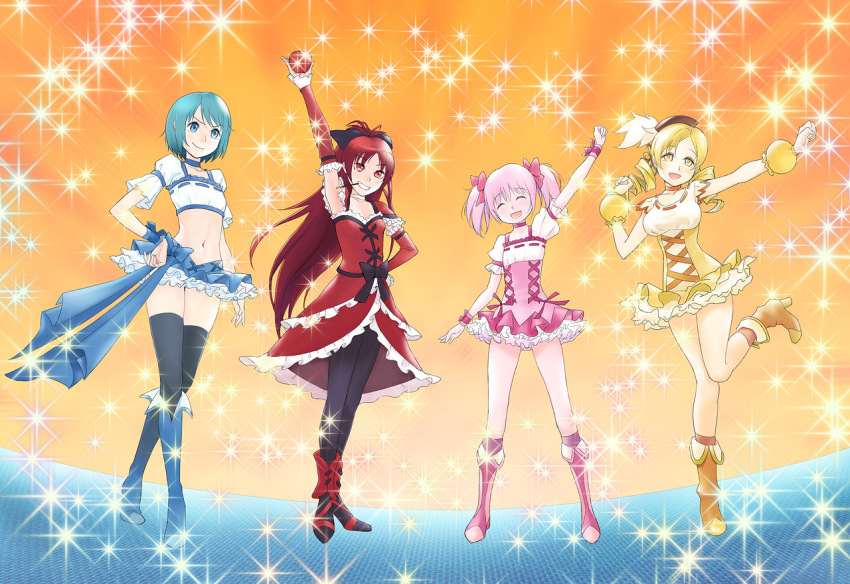 4girls, bad_id, bad_pixiv_id, blue_footwear, blue_skirt, boots, bow, choker, color_connection, cosplay, crossover, cure_berry, cure_berry_(cosplay), cure_passion, cure_passion_(cosplay), cure_peach, cure_peach_(cosplay), cure_pine, cure_pine_(cosplay), drill_hair, fresh_precure!, kaname_madoka, kitamura_eri, knee_boots, magical_girl, mahou_shoujo_madoka_magica, mahou_shoujo_madoka_magica_(anime), midriff, miki_sayaka, multiple_girls, name_connection, navel, pantyhose, parody, pink_boots, ponytail, precure, sakura_kyoko, short_hair, skirt, thighhighs, tomoe_mami, twintails, voice_actor_connection, waist_bow, white_choker, yuuma_(yuusaikaden)