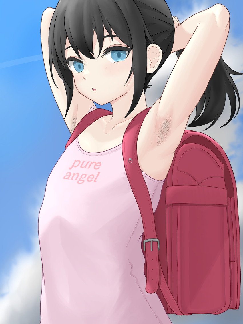 1girl, absurdres, armpit_focus, armpit_hair, armpits, arms_up, backpack, bag, bare_arms, bare_shoulders, black_hair, blue_eyes, blue_sky, body_hair, camisole, camisole_writing, clothes_writing, collarbone, commentary_request, english_text, flat_chest, highres, loli, looking_at_viewer, original, outdoors, parted_lips, pink_camisole, ponytail, presenting_armpit, print_camisole, randoseru, red_bag, sekaiheiwa666, shirt_writing, sky, solo, tying_hair, upper_body