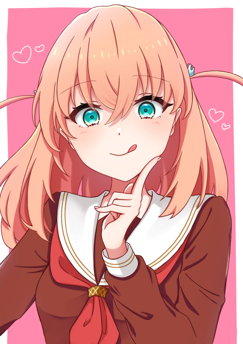 1girl, :p, absurdres, aqua_eyes, border, brown_dress, commentary, dress