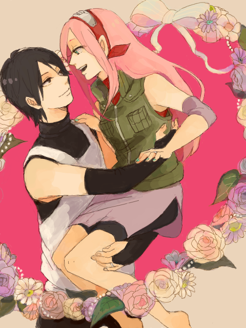 amr, anbu, barefoot, black_hair, couple, flower, green_eyes, haruno_sakura, jewelry, long_hair, nail_polish, naruto_(series), naruto_shippuuden, pink_hair, ring, sai