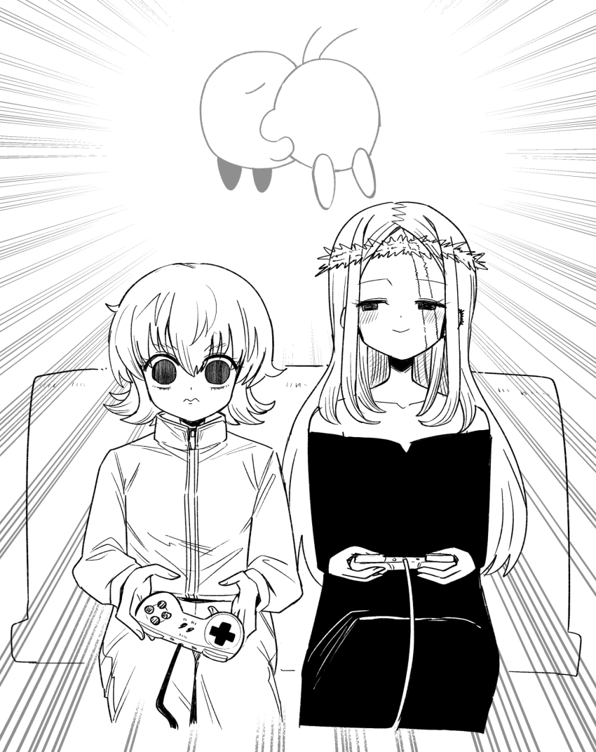 2girls, blush, borksen_(hunter_x_hunter), closed_mouth, controller, dress, ear_piercing, emphasis_lines