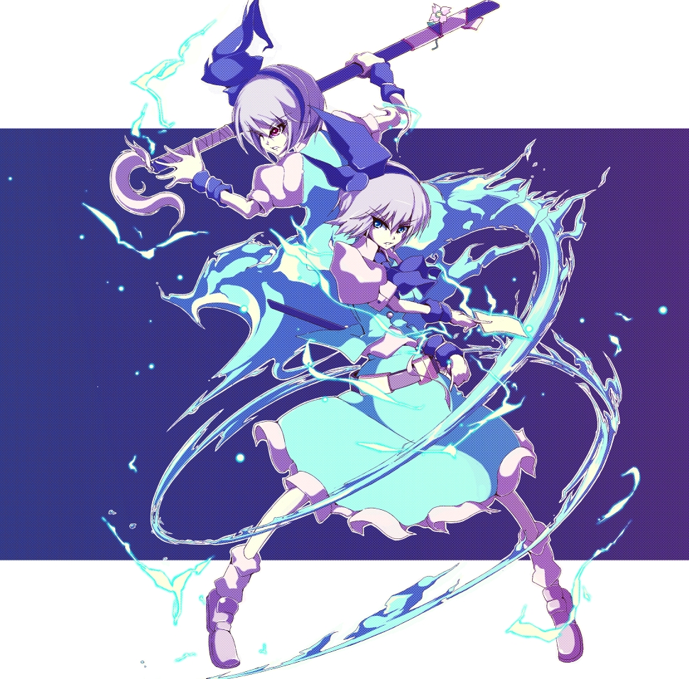 2girls, aqua_dress, belt, blue_dress, blue_eyes, dress, dual_persona, female_focus, flower, ghost, hair_ribbon, katana, konpaku_youmu, konpaku_youmu_(ghost), multiple_girls, red_eyes, ribbon, sanshirou, sanshirou_(ogiogi0827), scabbard, sheath, short_hair, silver_hair, sword, tassel, touhou, weapon