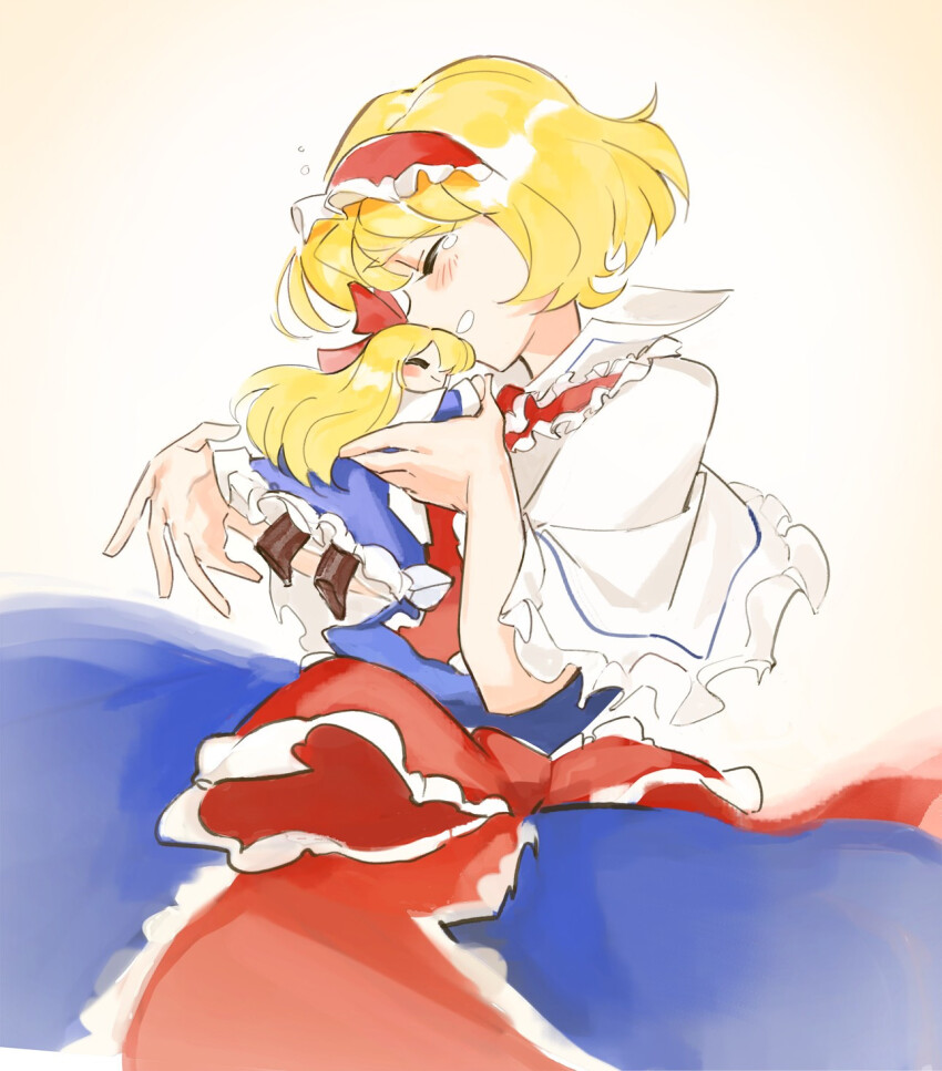 2girls, alice_margatroid, blonde_hair, blue_dress, bow, commentary, crt599, dress