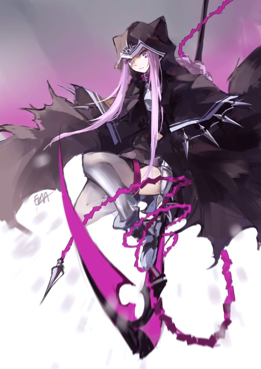 1girl, absurdres, belt_collar, black_cloak, boots, braid, cloak, collar, commentary, english_commentary, erm_(doubledream), expressionless, fate/grand_order, fate_(series), harpe_(fate/grand_order), highres, hood, hood_up, hooded_cloak, long_hair, looking_at_viewer, medusa_(fate), medusa_(lancer)_(fate), purple_collar, purple_eyes, purple_hair, rider, scythe, signature, simple_background, solo, weapon