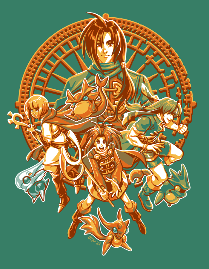 2boys, 2girls, bowl_cut, clenched_hand, djinn_(golden_sun), felix_(golden_sun), golden_sun, green_background