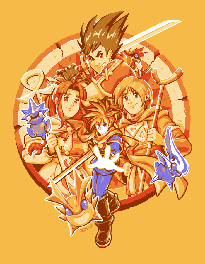 1girl, 3boys, boots, djinn_(golden_sun), garet_(golden_sun), golden_sun, holding, holding_staff