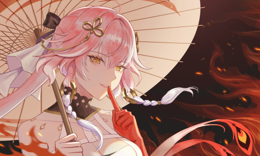 1girl, ahoge, bare_shoulders, black_bow, body_markings, bow, braid, breasts