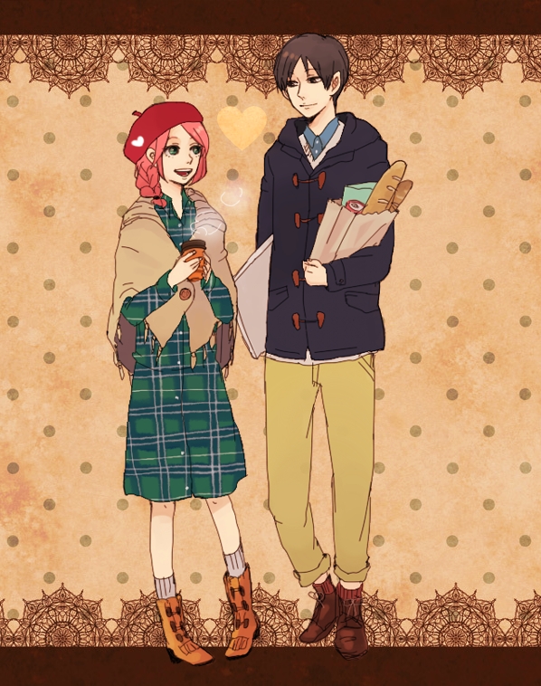 amr, black_hair, coffee, france, haruno_sakura, naruto_(series), naruto_shippuuden, pink_hair