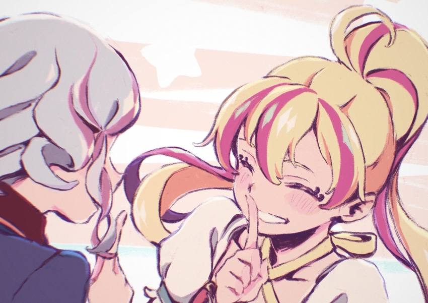 2girls, ^_^, aikatsu!_(series), aikatsu_planet!, blonde_hair, blue_hair, blush, closed_eyes