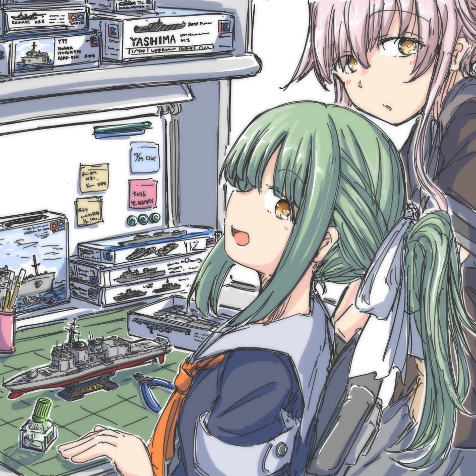 2girls, black_shirt, brown_eyes, commentary_request, from_behind, green_hair, grey_sailor_collar, hachidori_(ippatsuya)